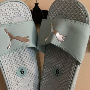 Puma Blue Slides with Silver Logo